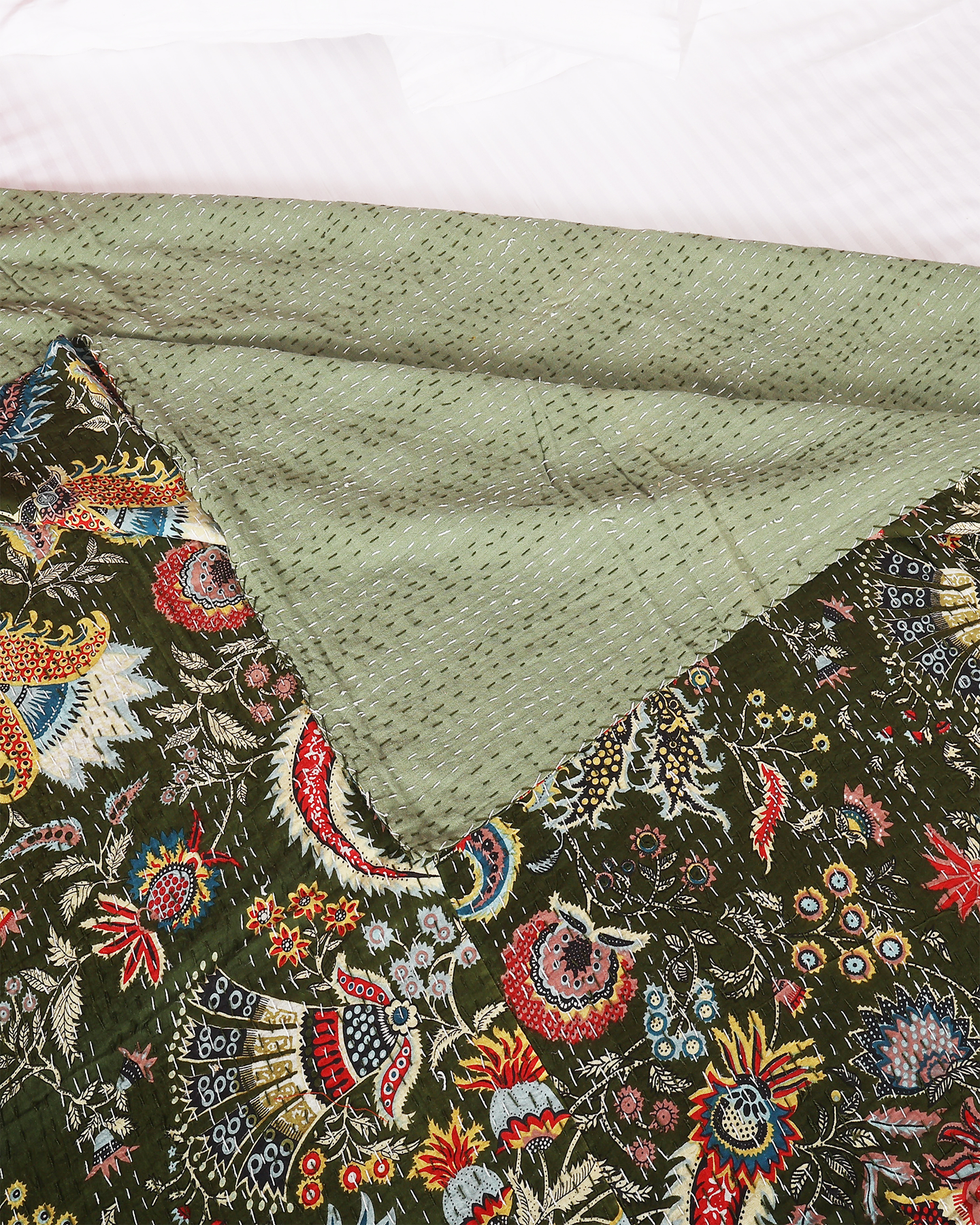 Handblocked Printed Hand Kantha Double Bed Dohar/Bed Cover